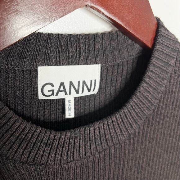 Ganni Long Sleeve Ribbed Sweater Womens Medium Black Crystal Button Shoulder - Picture 6 of 10